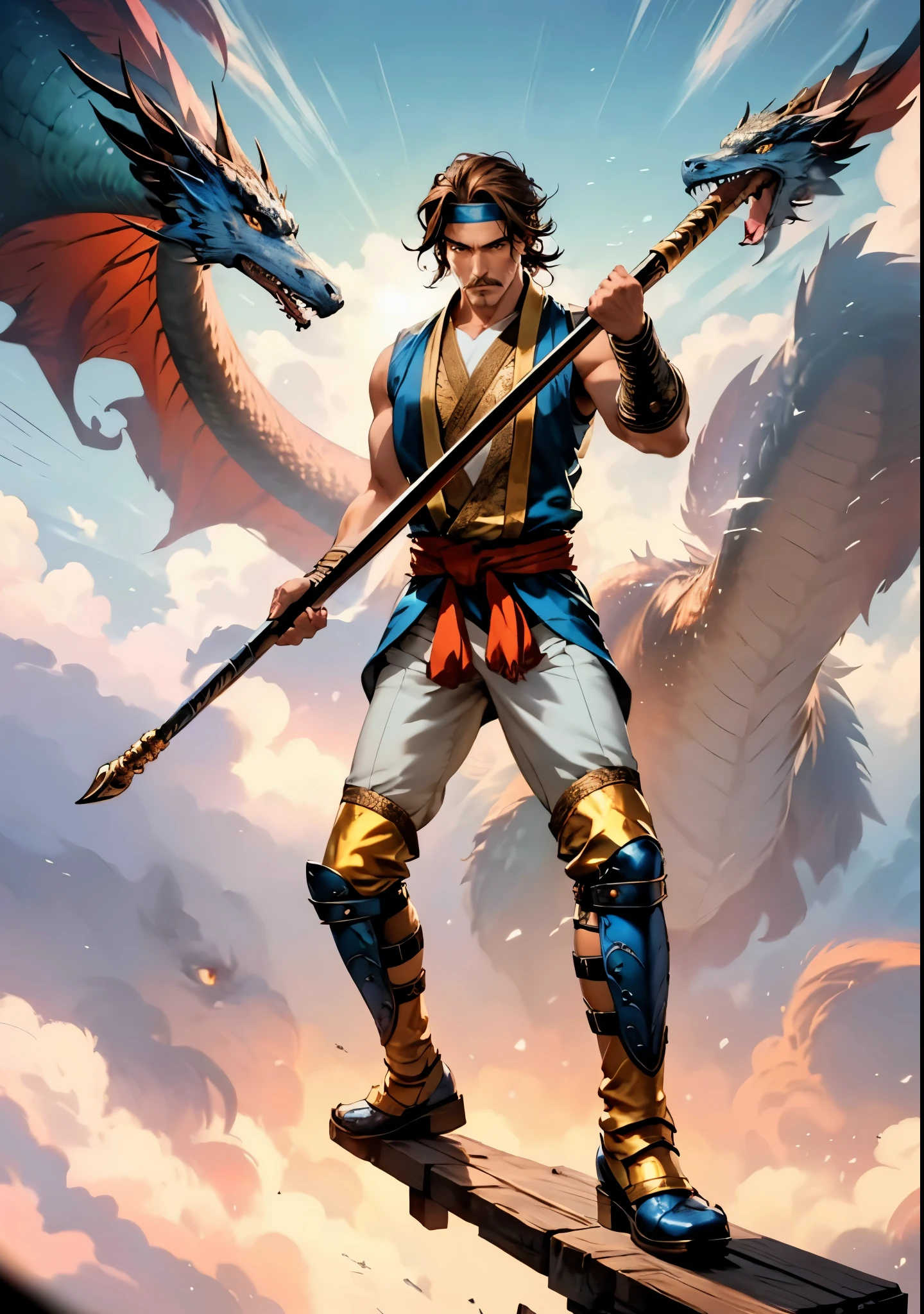 (masterpiece:1.2, best quality:1.2, extremely delicate:1.2), ((male:1.5)), a middle-aged man with short brown hair, a headband, a dignified face, mustaches and goatee beard, a fantasy martial arts style orange-yellow sleeveless vest, a sash wrapped around his waist, his arms are protected by cloth bracers, matching leather pants, shin guards, leather boots, he holds a long spear with a dragon-head design in both hands, standing in a training arena, this character embodies a finely crafted fantasy martial arts style spear-wielding guardian in anime style, exquisite and mature manga art style, dramatic, high definition, highres, ultra-detailed, ultra-fine painting, professional, perfect body proportions, golden ratio, anatomically correct, symmetrical face, extremely detailed eyes and face, high quality eyes, creativity, RAW photo, UHD, 32k, Natural light, cinematic lighting, (masterpiece-anatomy-perfect:1.2)