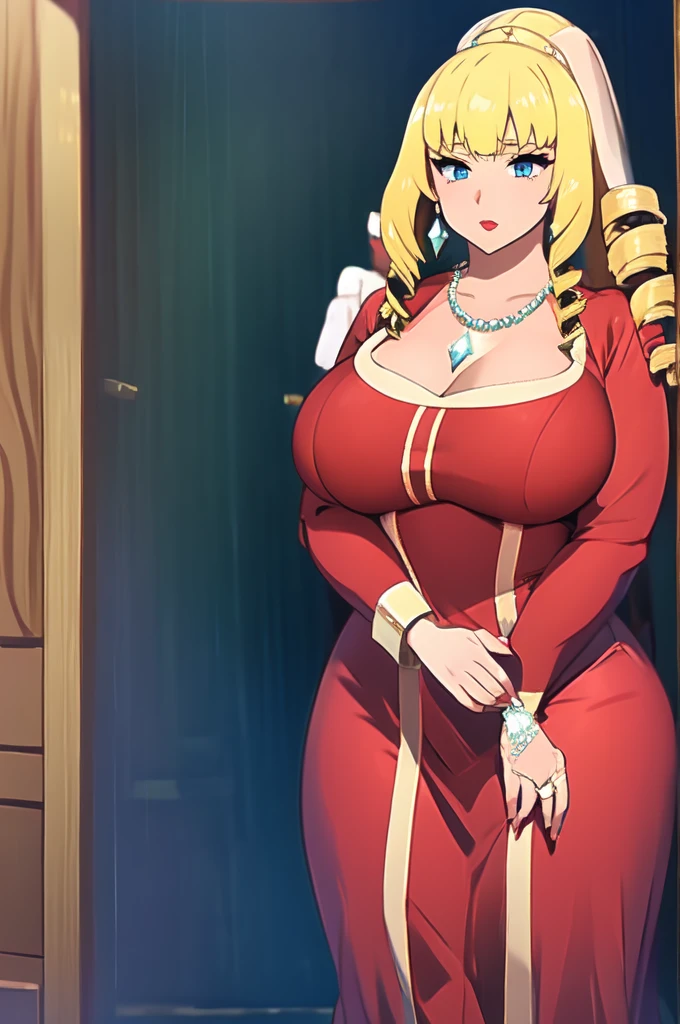 masterpiece, best quality, highly quality ,  Darkness lalatina,konosuba,Big breast,Golden bracelet,Half open eyes,Big pearl earring,Mature,((Cleavage)),long sleeve,(((diamond Wedding ring))),((Enchanced breast)),((Cross hairpin)),((red color long nail)),Blonde,Majestic mansion,((Noble rings)),Hoopa bracelet,modern anime quality,Tight thights,Konosuba anime artstyle,Swaying hips,light Eyeshadow,Colorless glossy Lipstic,flirty expression,Detailed face,Bare neck,pearl necklace,enourmous big breast,Mature,Milf,Corset,Long gown,horny expression,sorrowful expression,light Red lips,((Eyeshadow)),Detailed Rings,Detailed Necklace,corset,Soft smile,Hime cut bang,((thick Curly drill hair)),heavy make up,Madam,happy Smile,Red lips,Curvy figure,Thick lips,Thin purple dress,Light blue eyes,Happy expression,1hand Crossing arm below breast,1hand on cheek,Spouty lips,heavy make up,Thick lips,Side locks slicked,Short side locks,White glove,Body facing front,Bare nape,Super high ponytail,yellow strip in dress Slicked side locks hair,Slicked side hair,Face facing front,Curl hair