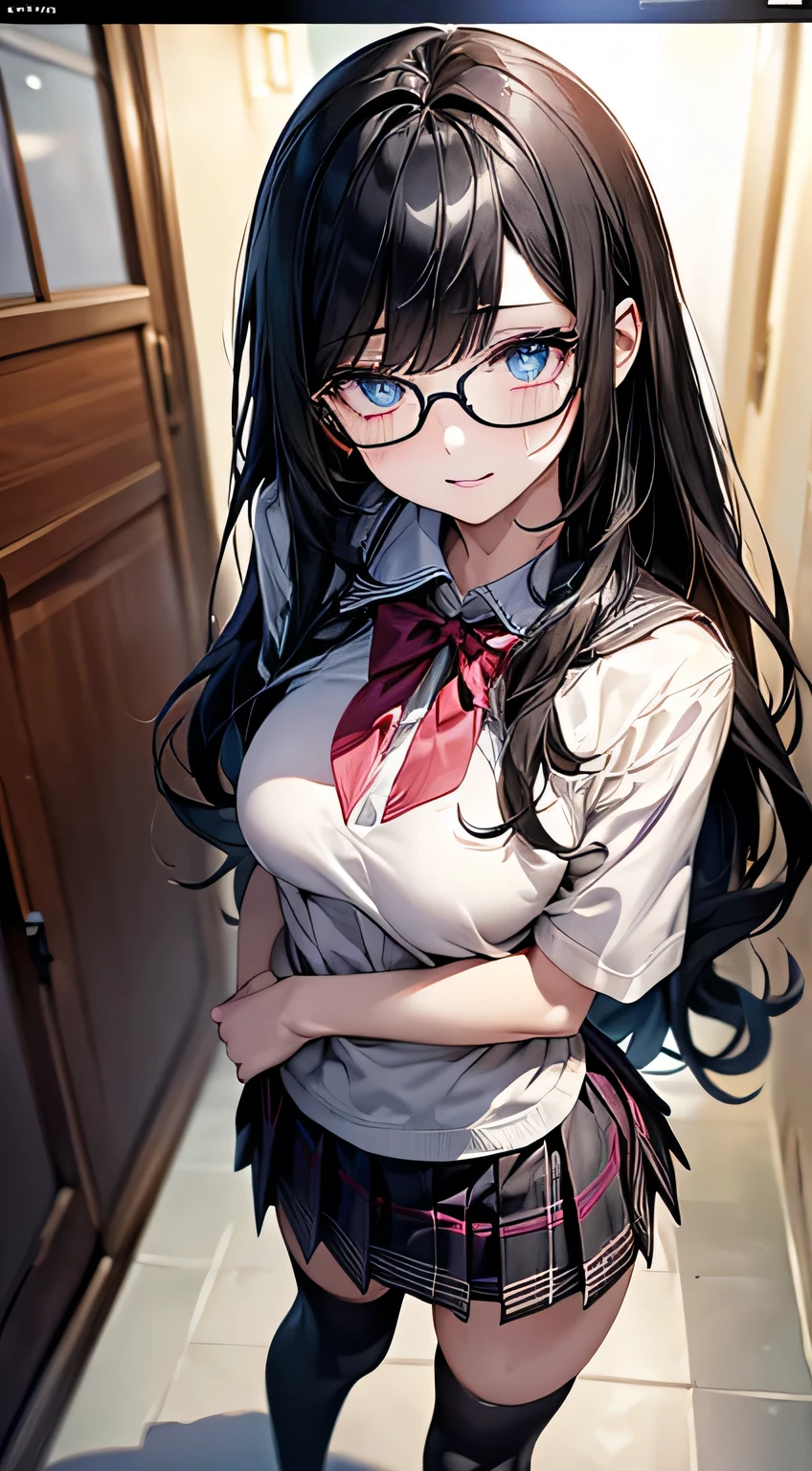 (masterpiece: 1.3), (Maximum resolution: 1.2), (Ultra HDTV: 1.2), Cinematic Light, Ultra HDTV, (Fine grain and skin), (Detailed facial features), NFFSW, 8k resolution, Sharp focus: 1.2, Perfect Style, Beautiful Face, Perfect body, Accurate, Anatomically correct, Highly detailed face and skin texture, Fine grain, Dark blue eyes, Double eyelids, Thin eyebrows, Glitter Eyeliner: 1.2, Natural Cheek, Glowing skin, White skin: 1.2, (Glossy lips: 1.4), break, First Person View, (She is a very cute high school girl), (Wearing glasses)、(Captivating smile: 1.2), ((Pure and cute girl:1.3)), (Long Wavy Hair), (Shiny black hair:1.2), , break, ((Very close relationship: 1.2)), Medium large breasts, ((Staring at the audience:1.2)), ((Back alley at night 1.2)), ((Standing facing the viewer:1.2)), (From the front:1.2),Low angle shot,High School Uniform、Thigh-high socks、Embarrassed look Kamimei、Open your mouth、Sweat on the neck、Sweat on my chest