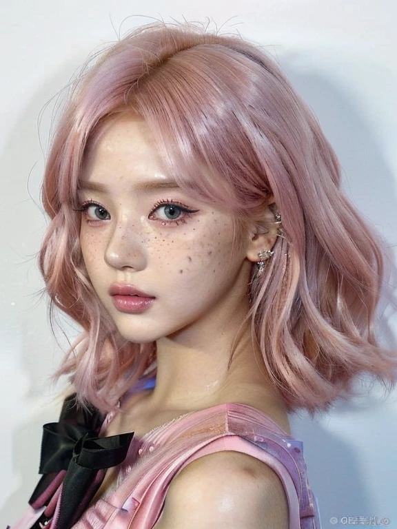 a close up of a person with pink hair and piercings and blue like eyes, cute girl with short pink hair, pink wispy hair, popular south korean makeup, popular korean makeup, with pink hair, pink straight hair, portrait of jossi of blackpink, flowing pink hair, pink girl, pink short hair, portrait jisoo blackpink, short pink hair, pink hair, ulzzang, 🤤 girl portrait, hyper realistic aesthetic, small freckles, hyper realistic teenager, barbie doll, freckles!!!, detailed face, realistic, Físico : el abdomen más pequeño jamás visto, jisoo from blackpink, popular south korean makeup, quality detailed ,(beautiful makeup :1.2),