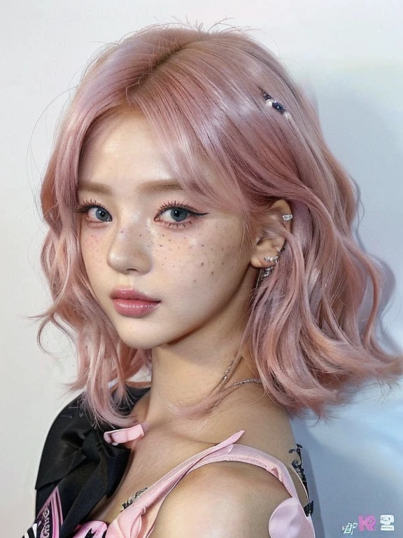 a close up of a person with pink hair and piercings and blue like eyes, cute girl with short pink hair, pink wispy hair, popular south korean makeup, popular korean makeup, with pink hair, pink straight hair, portrait of jossi of blackpink, flowing pink hair, pink girl, pink short hair, portrait jisoo blackpink, short pink hair, pink hair, ulzzang, 🤤 girl portrait, hyper realistic aesthetic, small freckles, hyper realistic teenager, barbie doll, freckles!!!, detailed face, realistic, Físico : el abdomen más pequeño jamás visto, jisoo from blackpink, popular south korean makeup, quality detailed ,(beautiful makeup :1.2),