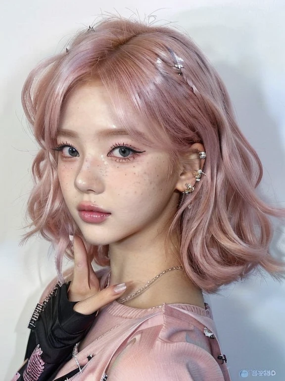 a close up of a person with pink hair and piercings and blue like eyes, cute girl with short pink hair, pink wispy hair, popular south korean makeup, popular korean makeup, with pink hair, pink straight hair, portrait of jossi of blackpink, flowing pink hair, pink girl, pink short hair, portrait jisoo blackpink, short pink hair, pink hair, ulzzang, 🤤 girl portrait, hyper realistic aesthetic, small freckles, hyper realistic teenager, barbie doll, freckles!!!, detailed face, realistic, Físico : el abdomen más pequeño jamás visto, jisoo from blackpink, popular south korean makeup, quality detailed ,(beautiful makeup :1.2),