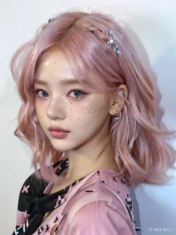 a close up of a person with pink hair and piercings and blue like eyes, cute girl with short pink hair, pink wispy hair, popular south korean makeup, popular korean makeup, with pink hair, pink straight hair, portrait of jossi of blackpink, flowing pink hair, pink girl, pink short hair, portrait jisoo blackpink, short pink hair, pink hair, ulzzang, 🤤 girl portrait, hyper realistic aesthetic, small freckles, hyper realistic teenager, barbie doll, freckles!!!, detailed face, realistic, Físico : el abdomen más pequeño jamás visto, jisoo from blackpink, popular south korean makeup, quality detailed ,(beautiful makeup :1.2),