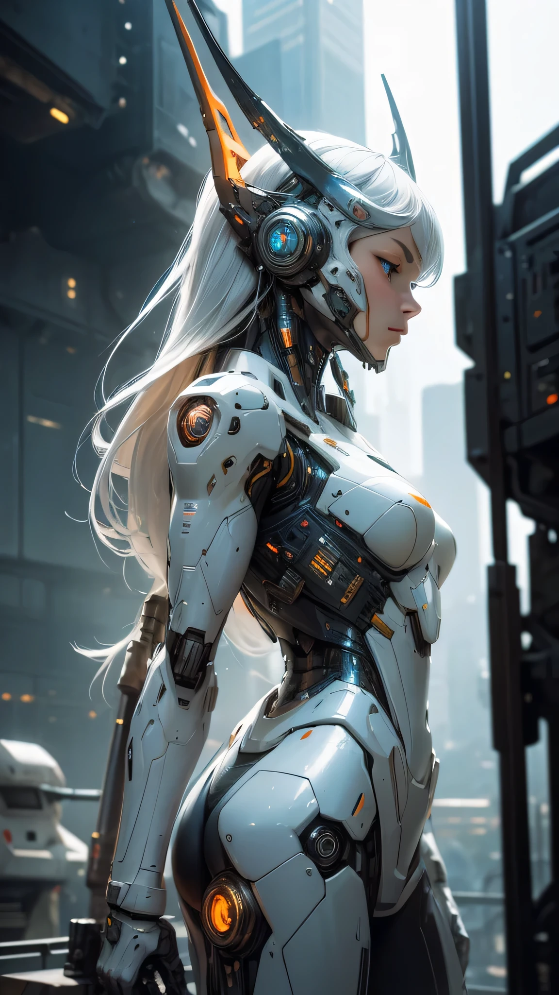 1girl, a beautiful girl cyborg cyberpunk with a cyberpunk city tall buildings, white hair, cybermask, white and orange and black machine suit color combination, the body full of machine, realistic futuristic hologram, asian skin tone, beautiful eye, beautiful asian face, cyber ear machine, suits is solid mecha, realistic machine, sci fi scape, manipulation is a masterpiece, long hair, masterpiece, suit of cyberpunk, realistic sci fi building texture mecha aestethic, digital cyberpunk, looming over a city, cyber technology, realistic hair, lots of hair, white of hair, realistic metal solid texture of building, realistic neon glow, realistic neon sign, wonderful side lighting, realistic futuristic cyberpunk building, realistic girl robot cyberpunk, fog, foogy, masterpiece of detail, RAW IMAGE, depth of field, point of interes, depth of field is masterpiece, best photography composition masterpiece, natural realistic hair, rule of third masterpiece photography, natural lighting, photography masterpiece natural lighting from side, realistic skin texture, strong reflection, ( pose pinterest) masterpiece beautiful, Devil Horns, smooth pixel, ray of light, soft light, small breasts, mastepiece of cyber mask, masterpiece fantasy gun, carry a fantasy weapon, weapon fantasy (artstation)