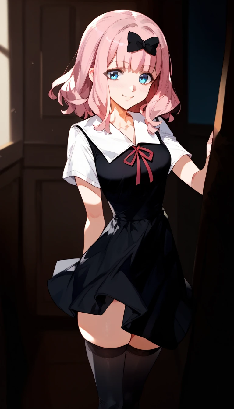 score_9, score_8_up, score_7_up, score_6_up, score_5_up, score_4_up, source_anime, 1 woman, pink hair, ponytail, white eyes, w-w-chain, wrists of the hands, put on , shackles,long hair, pink shirt, skirt,black stockings, night, dungeon, best quality, best res, 4K UHD,