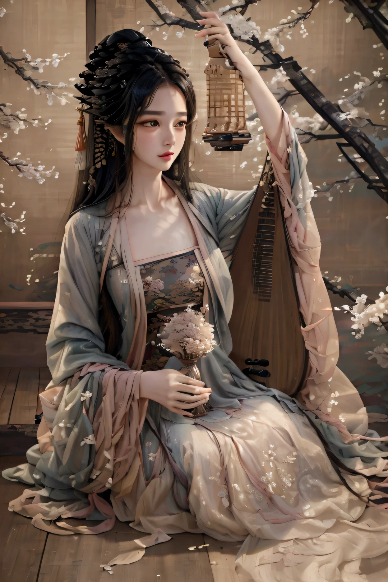 ((Masterpiece up to 16K resolution:1.6)),beautiful,Highest quality,Absolutely wonderful,Very detailed,Ultra-high resolution,masterpiece,Realistic,Realistic,Increased depth of field,Cinematic Light, 
One elegant young girl  woman, Long black hair,Beautiful face,Very detailed facial expression,Face with a gentle expression,Transparent white skin,Very delicate skin texture,Great proportions,Anatomically correct body, 
Elegant high slit dress,elegant colors,Gorgeous and detailed pattern,Beautifully detailed pattern,Detailed cloth texture, super slim , very slim , very fragile image 
Depict Lin Daiyu in a flowing white gown, with lavender silk sashes cascading down her arms. The gown is adorned with tiny floral patterns, and her hair is styled in long, loose waves, accented by a single jade comb. She stands in the garden, with one hand lightly touching a nearby branch of blossoming flowers. A gentle smile graces her lips, and her eyes are soft and warm, showing a moment of contentment and tranquility. The setting is peaceful, with soft greenery and flowers around her, complementing her serene and graceful demeanor.