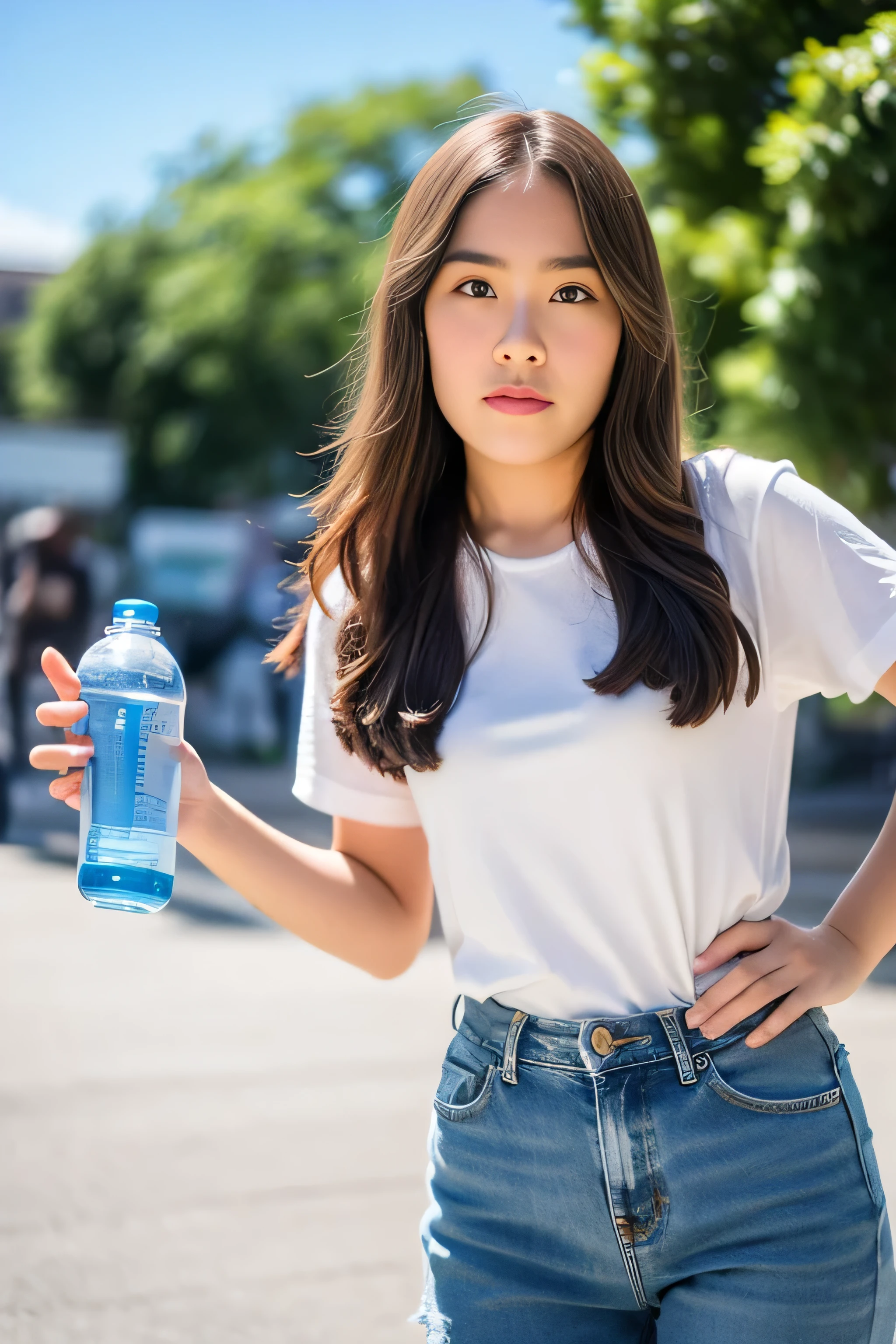 1 girl, wearing a white t-shirt and long jeans, standing and posing holding a plastic water bottle, close-up photo, sky background, sunlight flare in front, blurred background