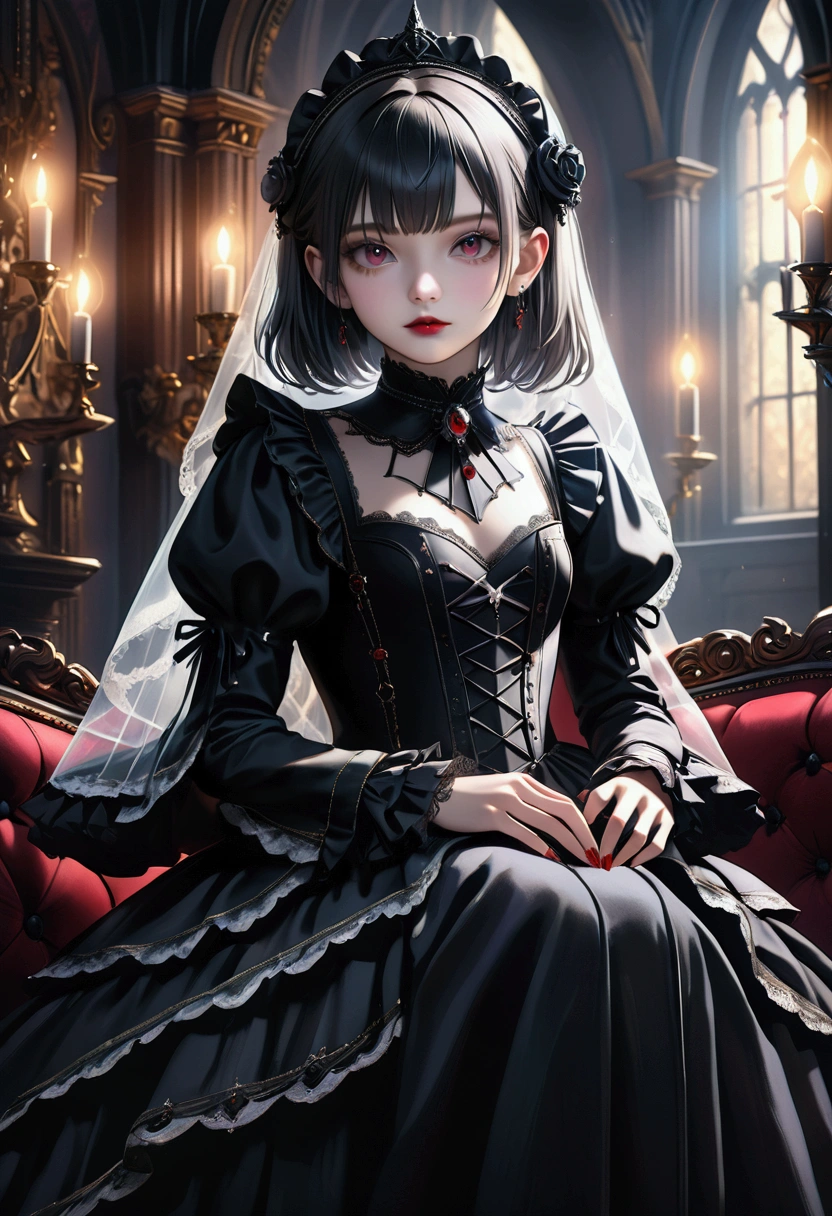 masterpiece, best quality, 8k, highres, ultra-detailed, HDR, UHD, studio lighting, ultra-fine painting, sharp focus, physically-based rendering, extreme detail description, professional, vivid colors, bokeh, portraits,BREAK, a beautiful gothic ****ta girl, 1girl and gothic knight, sitting alone on a black sofa, wearing a detailed black dress with white lace, surreal, high resolution, extremely detailed, most detailed, red lips, baroque, intricate, cinematic lighting, dramatic composition, rich textures, vivid colors, photorealistic, "goth girls" style, DonMD4rk3lv3sXL
