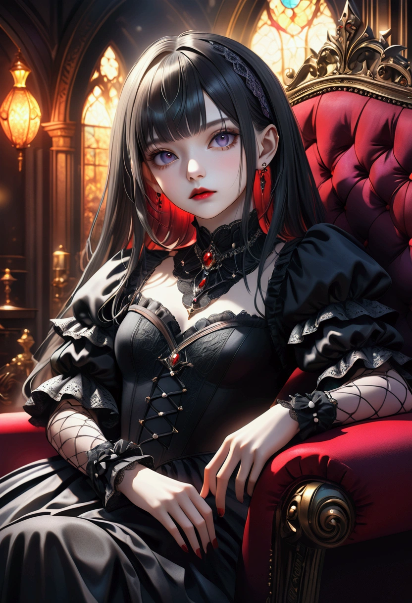 masterpiece, best quality, 8k, highres, ultra-detailed, HDR, UHD, studio lighting, ultra-fine painting, sharp focus, physically-based rendering, extreme detail description, professional, vivid colors, bokeh, portraits,BREAK, a beautiful gothic ****ta girl, 1girl and gothic knight, sitting alone on a black sofa, wearing a detailed black dress with white lace, surreal, high resolution, extremely detailed, most detailed, red lips, baroque, intricate, cinematic lighting, dramatic composition, rich textures, vivid colors, photorealistic, "goth girls" style, DonMD4rk3lv3sXL
