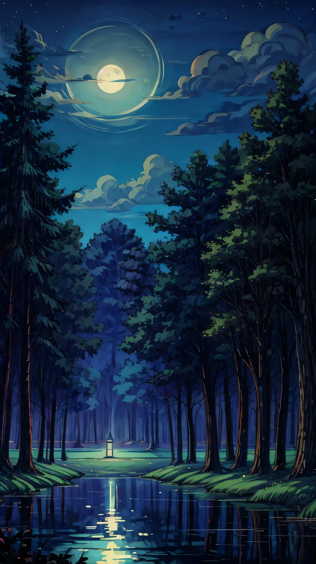 Anime-style, a peaceful landscape at night, with a calm lake reflecting the full moon, trees