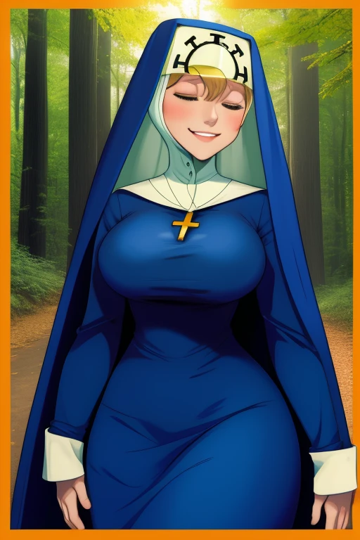 Double, short blonde hair, nun uniform, medium breasts, solo, 1girl, smiling, closed eyes, blue habit, cape, cross necklace ,white gloves, long sleeves, nun, long skirt, forest, standing