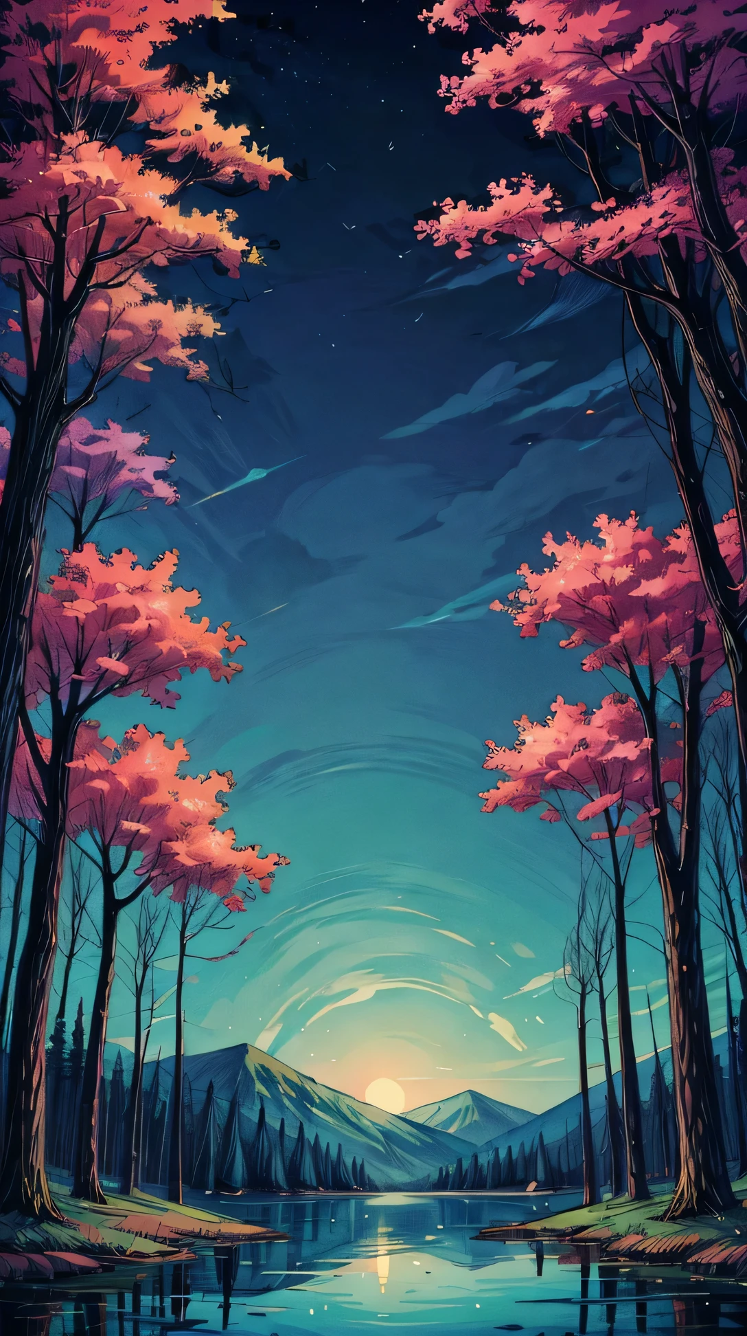 Anime-style, a peaceful landscape at night, calm lake, trees