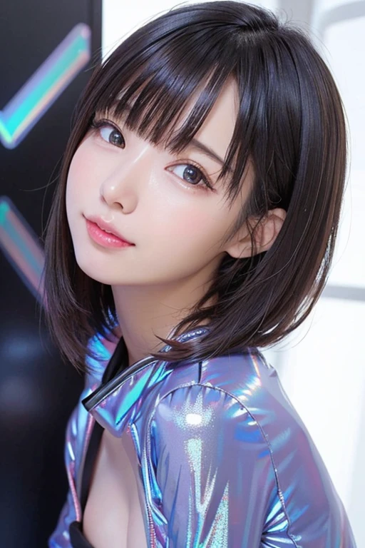 8K,(crazy close up of face shot:1.3),((pieces fly,highest quality)),1 girl、,bioluminescent color glow、 ,,beautiful and fine eyes、 , (liquid inklen hair:1.5),(((Rainbow Makeup))) ,(rainbow glitter skin:1.3)、face with shadow、Because I'm slender、flat body、cute、()、brown eyes