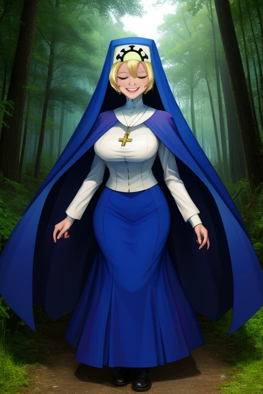 Double, short blonde hair, nun uniform, medium breasts, solo, 1girl, smiling, closed eyes, blue habit, cape, cross necklace, nun, long skirt, forest, standing