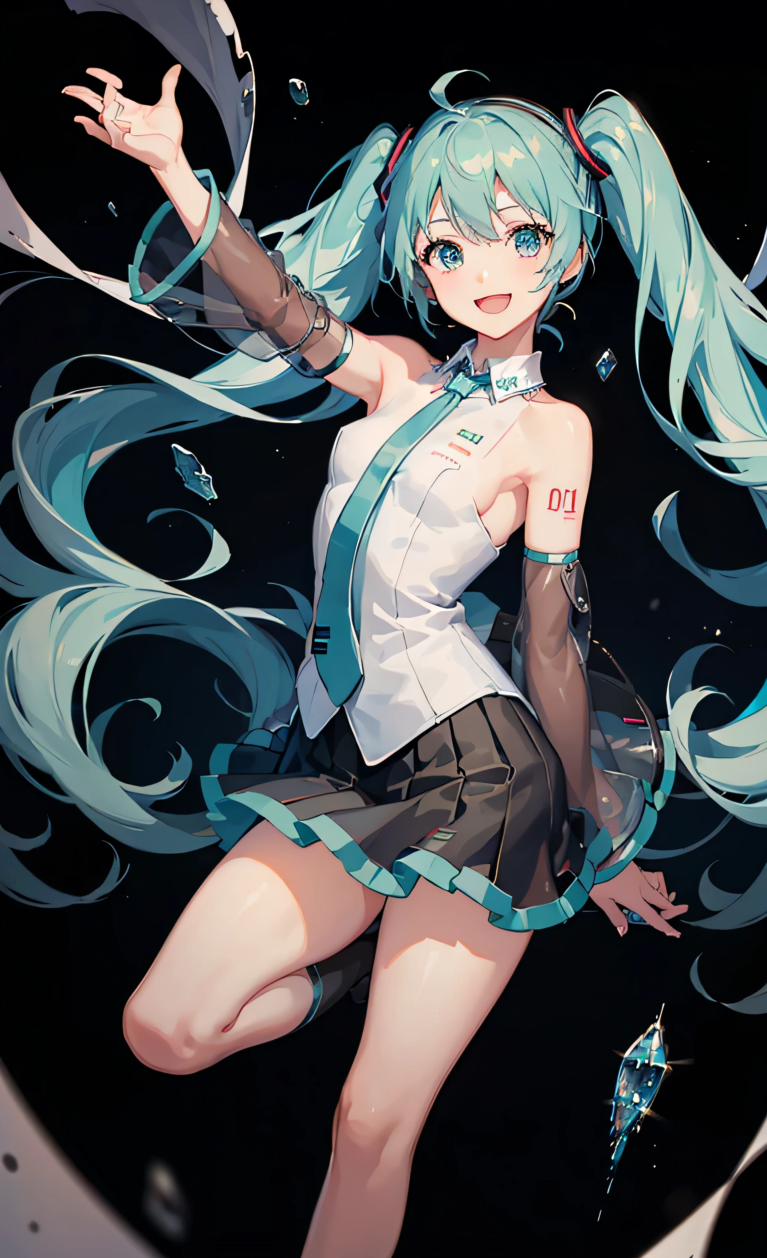 One Girl, Alone, woman , masterpiece</input></>, Beautiful Haniss, Hatsune Miku, White shirt, (Black Skirt:1.3), Blue tie, Bare shoulisers, Removable sleeves, 
break
:is, happy, smile, See your audience, ✌️,(Opposition:1.5), Squat,
break
stage lights,