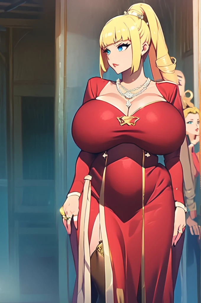 masterpiece, best quality, highly quality ,  Darkness lalatina,konosuba,Big breast,Golden bracelet,Half open eyes,Big pearl earring,Mature,((Cleavage)),long sleeve,(((diamond Wedding ring))),((Enchanced breast)),((Cross hairpin)),((red color long nail)),Blonde,Majestic mansion,((Noble rings)),Hoopa bracelet,modern anime quality,Tight thights,Konosuba anime artstyle,Swaying hips,light Eyeshadow,Colorless glossy Lipstic,flirty expression,Detailed face,Bare neck,pearl necklace,enourmous big breast,Mature,Milf,Corset,Long gown,horny expression,sorrowful expression,light Red lips,((Eyeshadow)),Detailed Rings,Detailed Necklace,corset,Soft smile,((Hime cut bang)),((Curly ponytail)),heavy make up,Madam,happy Smile,Red lips,Curvy figure,Thick lips,Thin purple dress,Light blue eyes,Happy expression,1hand Crossing arm below breast,1hand on cheek,Spouty lips,heavy make up,Thick lips,((Side locks hair slicked)),((Side lock hair slicked)),Side burn hair,White glove,Body facing front,Bare nape,((Super high ponytail)),yellow strip in dress Slicked side locks hair,Slicked side hair,Face facing front,Curl hair,((Curvy body figure)),((Enchanced big breast))