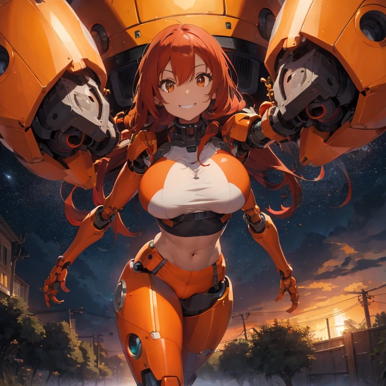 1 female, afro hair, red hair, long afro dread hair, robot body, full robot body, robot eyes, robot arms, robot legs, robot face, robotic, black afro hair, huge breast, thick legs, orange crop top, sport pants, orange pants, with guns, dark sky, grass, gray sky, flowers, happy face, sexy pose
