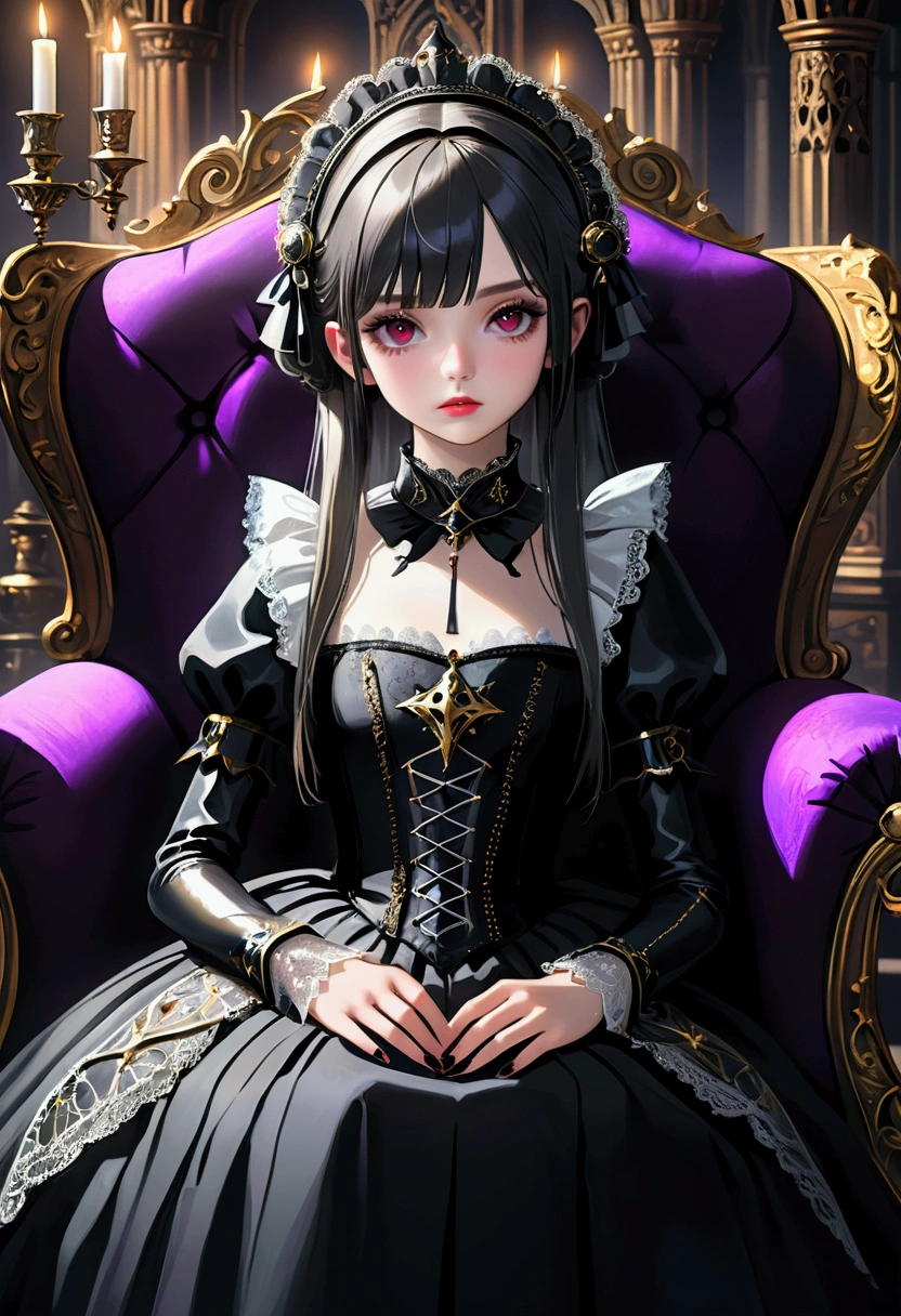 masterpiece, best quality, 8k, highres, ultra-detailed, HDR, UHD, studio lighting, ultra-fine painting, sharp focus, physically-based rendering, extreme detail description, professional, vivid colors, bokeh, portraits,BREAK, a beautiful gothic ****ta girl, 1girl and gothic knight, sitting alone on a black sofa, wearing a detailed black dress with white lace, surreal, high resolution, extremely detailed, most detailed, red lips, baroque, intricate, cinematic lighting, dramatic composition, rich textures, vivid colors, photorealistic, "goth girls" style, DonMD4rk3lv3sXL
