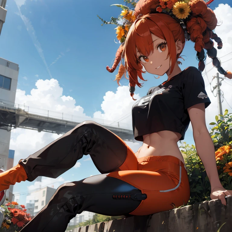 1 female, afro hair, red hair, long afro dread hair, robot body, full robot body, robot eyes, robot arms, robot legs, robot face, robotic, black afro hair, huge breast, thick legs, orange crop top, sport pants, orange pants, with guns, dark sky, grass, gray sky, flowers, happy face, sitting down, oil, drinking, black drink
