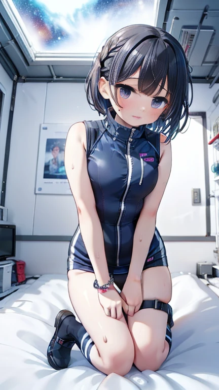 (Best Quality), (masterpiece), 1080P, High resolution, 4K, 8k, Inside the space station、Futuristic room、Thigh straps, Shooting from directly below, The woman on top of me, 白いsweat, Covered , sweat, Woman looking down, Skirt swimsuit, Thigh-high socks, To achieve this, , , whole body, Black leather shoes, Braided Hair, Inner Color, Embarrassed face, Short black hair, bracelet, bedroom,astrovest
