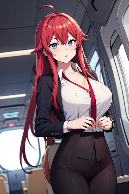 High resolution, masterpiece, 最high quality, High-resolution model, high quality, Ultra high definition, Red Hair, Long Hair, Ahoge,blue eyes, Large Breasts, Flight Attendant