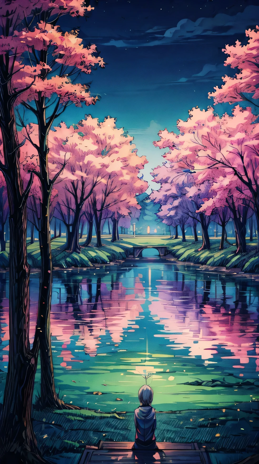Anime-style, a peaceful landscape at night, calm lake, trees