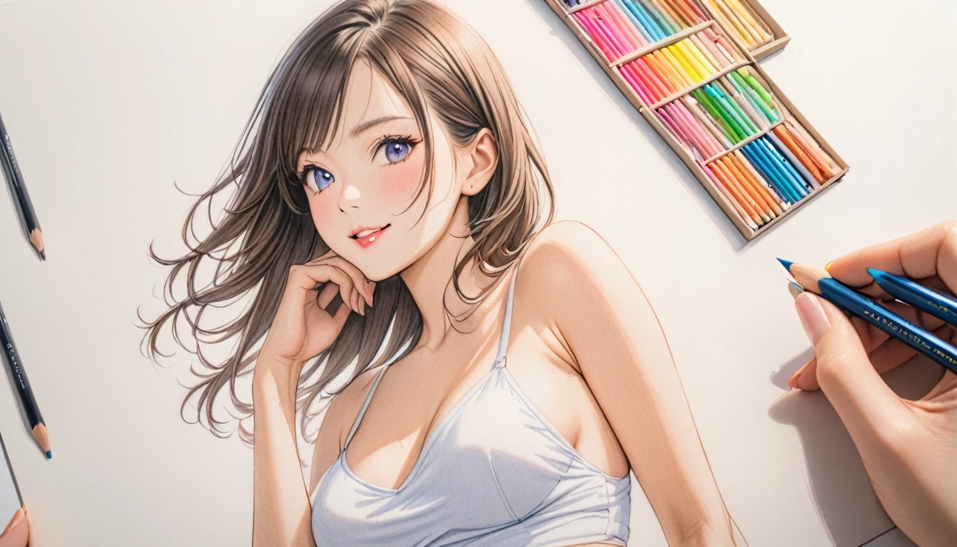 female,short camisole,white,Art,ad,colour pencil drawing,draft drawing
