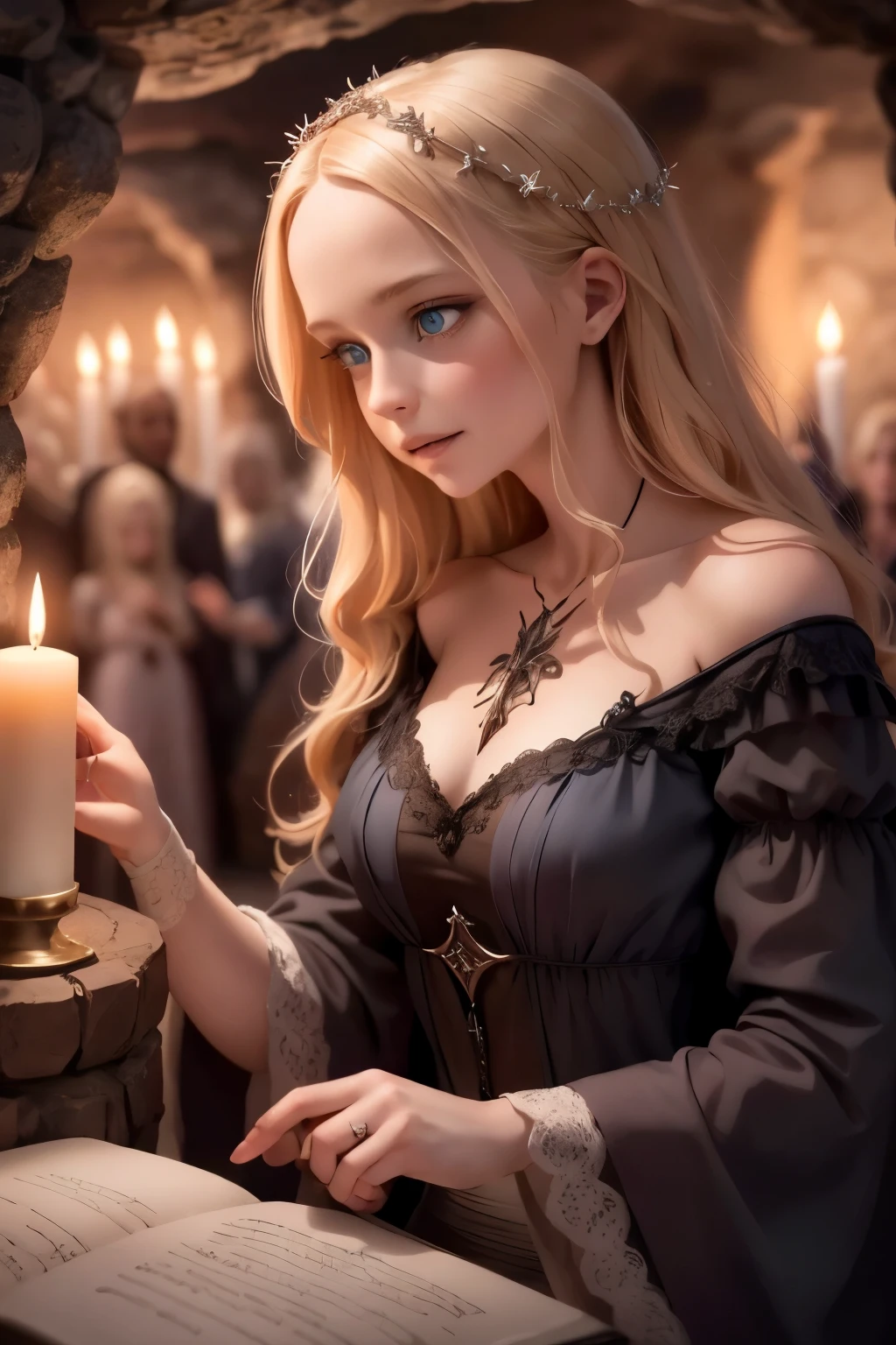 illustration of Virginia Otis blonde hair blue eyes youngest cute face, from the Canterville Ghost, furtively observing a group of followers of the Goddess Freia who are celebrating a forbidden ritual inside a mysterious cave. We are sure that only a talented artist like you will be able to capture the essence of this magical and mysterious encounter. Your drawing will be fundamental for the creation of a unique publication, which combines the gothic atmosphere and the charm of the supernatural. Remember to add evocative details, such as candle flames dancing in the dark, shadows moving ominously along the rock walls, and Virgin Otis' claws clinging to the stone. Highlight the aura of mystery and emotion that this forbidden encounter evokes.