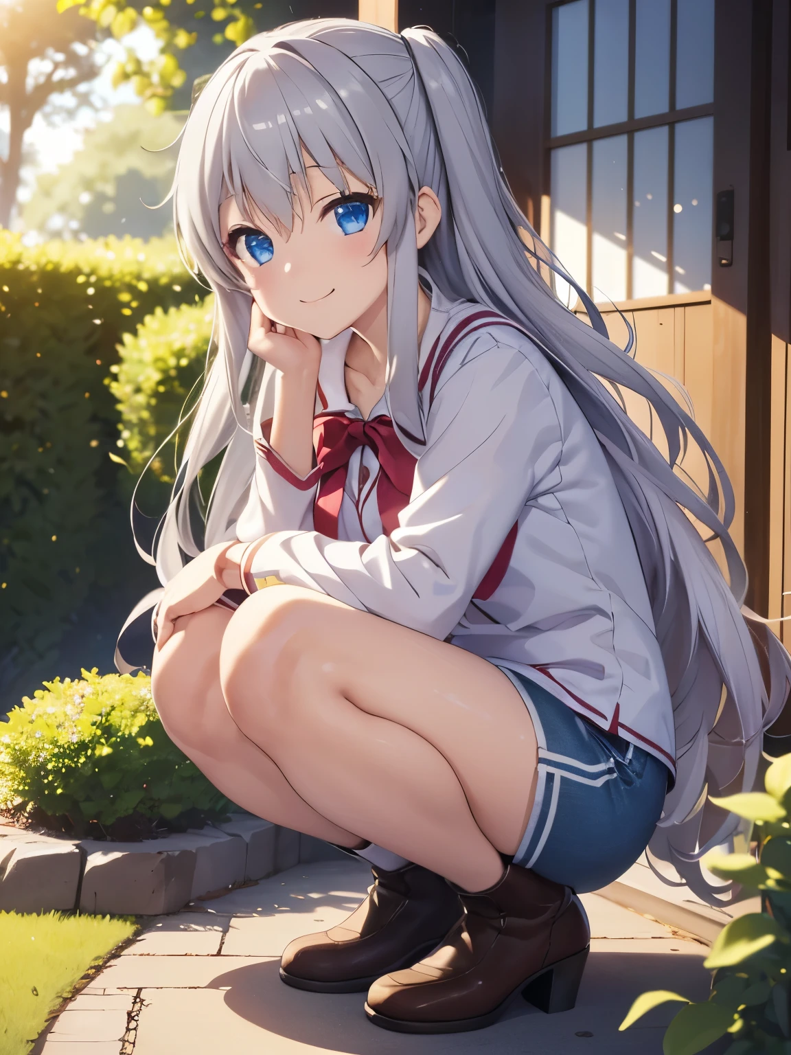 (masterpiece of the highest quality:1.2), Side shot、
nao.Tomori,One Girl、Alone、Anime illustration style、garden、Mouth closed、smile、Uniform、One Girl, Alone, Absolute reference to the center、Sitting, Beautiful silvery white hair, blue eyes, Beautiful long hair、4Ｋ，8Ｋ,(Genuine、Genuine志向、写真Genuine志向）、High resolution、超High resolution、超High resolutionの絵画、whole body、Cowboy Shot、Shorts、Shorts、 Shift the center of gravity backwards, Quite embarrassing, (Squat:1.4), Place your heels on the ground, Squat，Raise your knees, Get down to the ground,