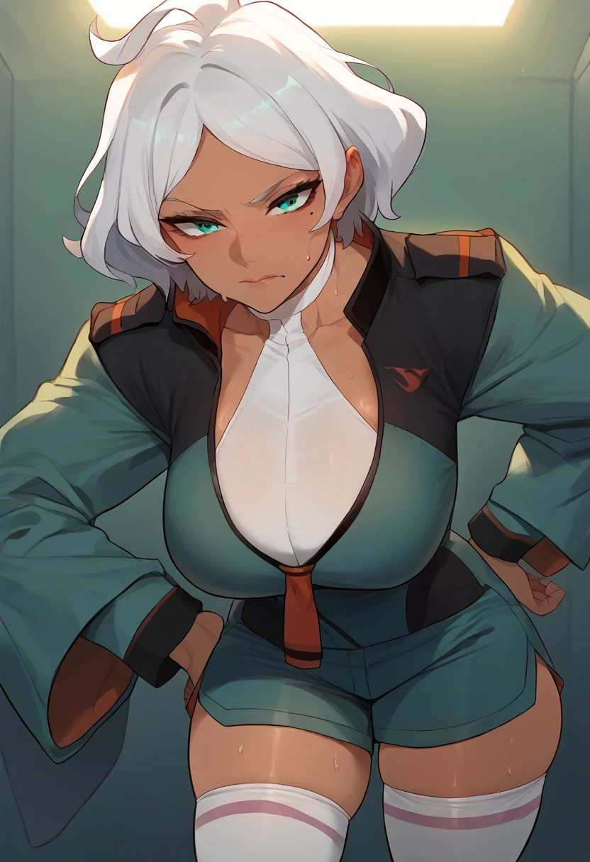 Hyper realistic, secelia dote, dark skin, dark-skinned female, green eyes, short hair, white hair,
asticassia school uniform, green jacket, jacket, school uniform, shirt, shoulder boards, thighhighs, thighs, white shirt, white thighhighs,, mother, Milf, mature female, perfect face, perfect lighting, sexy lips, sexy female, closed mouth, beauty mark, thicc، cleavage, huge breasts, large breasts, sweat, hanging breasts, leaning forward, close view 