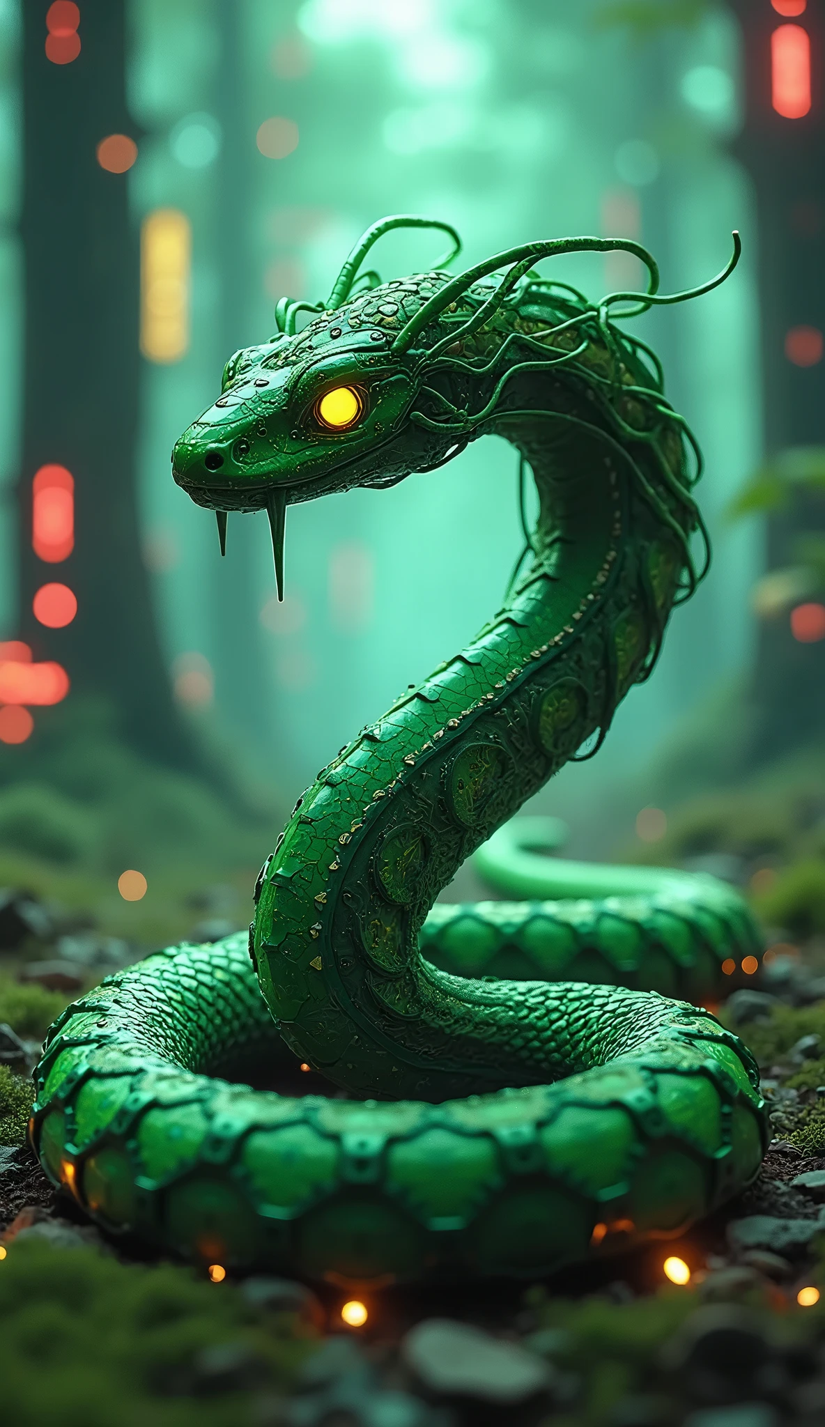 surreal drawing:1.5, Very realistic and detailed green robot snake:1.5, Beautiful intricate green cyber snake with circuits and terminals all over its body., futuristic neon lights, luces led, hiper detallado, 8K, The best quality, photorealistic, Masterpiece, cinematic lightingvolumetric fog, brilliant cybernetic enhancements, advanced technology, Futuristic dystopia, dramatic and melancholic lighting, Neon forest background, bright interfaces, hyper detailed circuits, dynamic camera angle