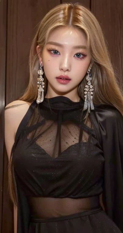 a close up of a woman with long blonde hair wearing a black dress and blue like eyes, roseanne park of blackpink, lalisa manobal, jossi of blackpink, lalisa manoban of blackpink, cl, jisoo of blackpink, jisoo from blackpink, long earrings, portrait of jossi of blackpink, heonhwa choe, wearing pearl earrings, 🤤 girl portrait, hyper realistic aesthetic, small freckles, hyper realistic teenager, barbie doll, freckles!!!, detailed face, realistic, Físico : el abdomen más pequeño jamás visto, jisoo from blackpink, popular south korean makeup, quality detailed ,(beautiful makeup :1.2), Wide hips, big, big ass, (best quality, 8K, masterpiece: 1.3), Clear focus: 1.2, Perfect body beauty: 1.4, strong abs, Very detailed face and skin texture. , detailed eyes, double eyelids, (long hair), having very marked curves, with greater volume in ((breasts)),