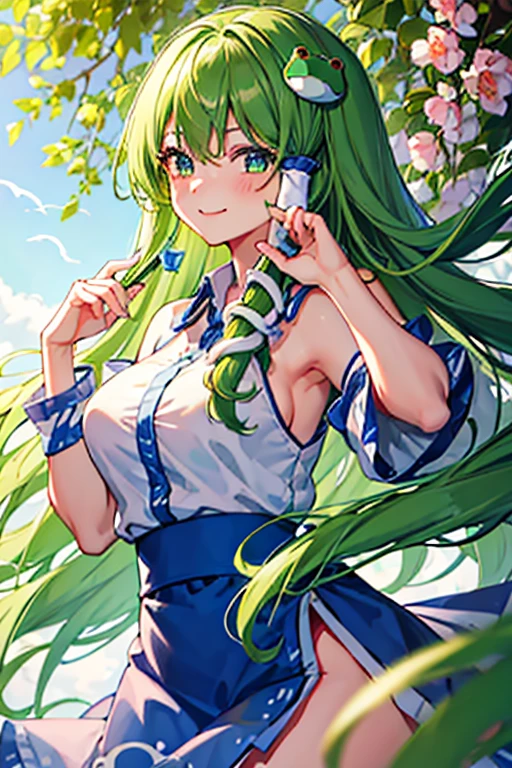 best quality, masterpiece, highres, solo, {kochiya_sanae_touhou:1.15}, green_hair, long_hair, hair_ornament, frog_hair_ornament, snake_hair_ornament, hair_tubes, blush, bangs, breasts, smile, green_eyes, upper_body, blue_eyes