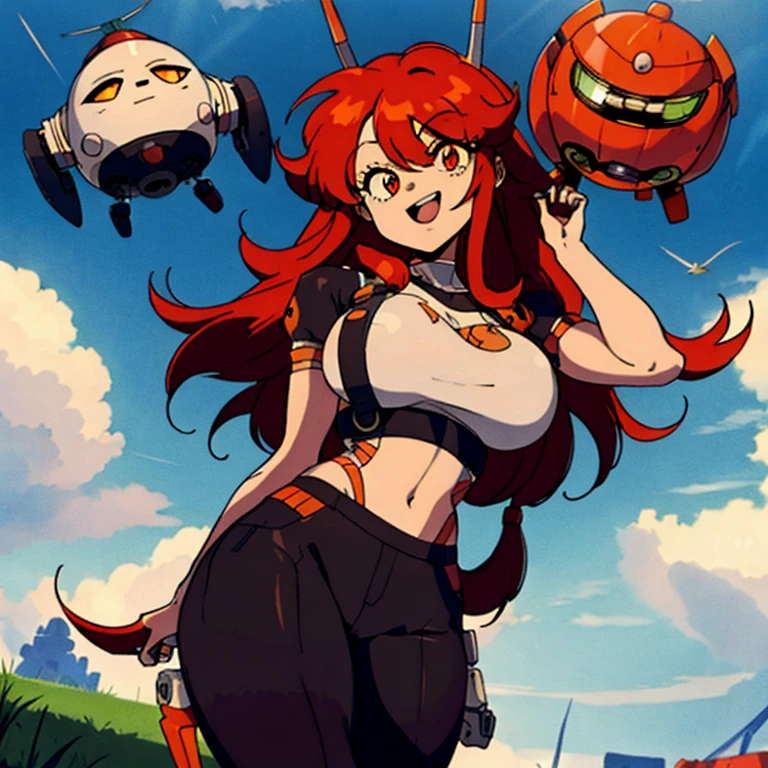 1 female, afro hair, red hair, long afro dread hair, robot body, full robot body, robot eyes, robot arms, robot legs, robot face, robotic, black afro hair, huge breast, thick legs, orange crop top, sport pants, orange pants, with guns, dark sky, grass, gray sky, flowers, happy face, walking, store, fly cars
