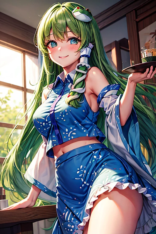 best quality, masterpiece, highres, solo, {kochiya_sanae_touhou:1.15}, green_hair, long_hair, hair_ornament, frog_hair_ornament, snake_hair_ornament, hair_tubes, blush, bangs, breasts, smile, green_eyes, upper_body, blue_eyes