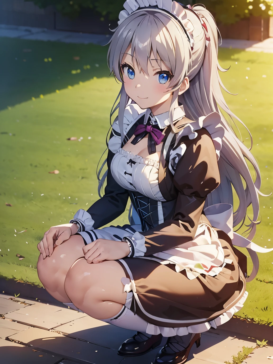 (masterpiece of the highest quality:1.2), Side shot、
nao.Tomori,One Girl、Alone、Anime illustration style、garden、Closed Mouth、、smile、(victorian maid outfit:1.5)、One Girl, Alone, Absolute reference to the center, Beautiful silvery white hair, blue eyes, Beautiful long hair、4Ｋ，8Ｋ,(Genuine、Genuine志向、写真Genuine志向）、High resolution、超High resolution、超High resolutionの絵画、whole body、Cowboy Shot、 Shift the center of gravity backwards, Quite embarrassing, (Squat:1.4), Place your heels on the ground, Squat，Raise your knees, Get down to the ground,