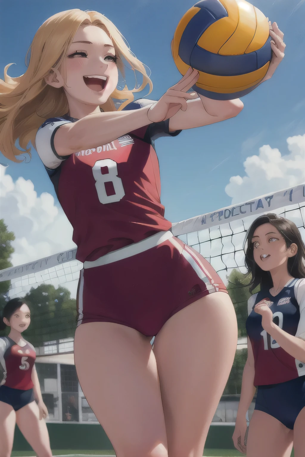 A girl with a voluptuous body is in the center of the scene, wearing a tight volleyball uniform that highlights her figure. She has long, loose hair, shining under the sunlight. His expression is happy and focused., as she prepares to receive a ball coming towards her.

behind her, you can see her friends, also in volleyball uniforms, laughing and enjoying the game. The background shows an outdoor volleyball court, with a high net and a clear blue sky. The scene is full of energy and camaraderie, Capturing the spirit of sport.

The image is in 4K resolution, allowing you to appreciate every detail, from the textures of the uniforms to the expressions of happiness on the girls&#39; faces.