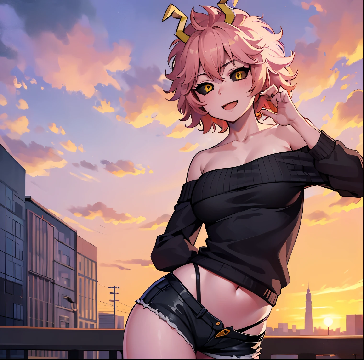 (best quality:1.3), (4k quality), 1 mature woman, Mina Ashido by boku no hero, ((Detailed face)), (blush), city, (pants leather)