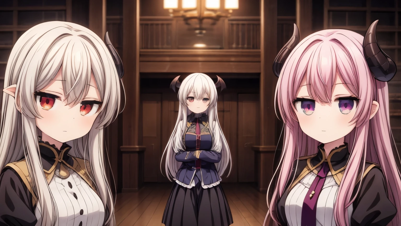 a group of anime girls with different colored hair and costumes, visual novel, ; visual novel, visual novel cg, visual novel sprite, medieval demons, demon anime girl, visual novel key visual, anime visuals, anime vampires, anime in fantasy style, devious evil expression, demon soul concept art, popular isekai anime, fine details. anime.