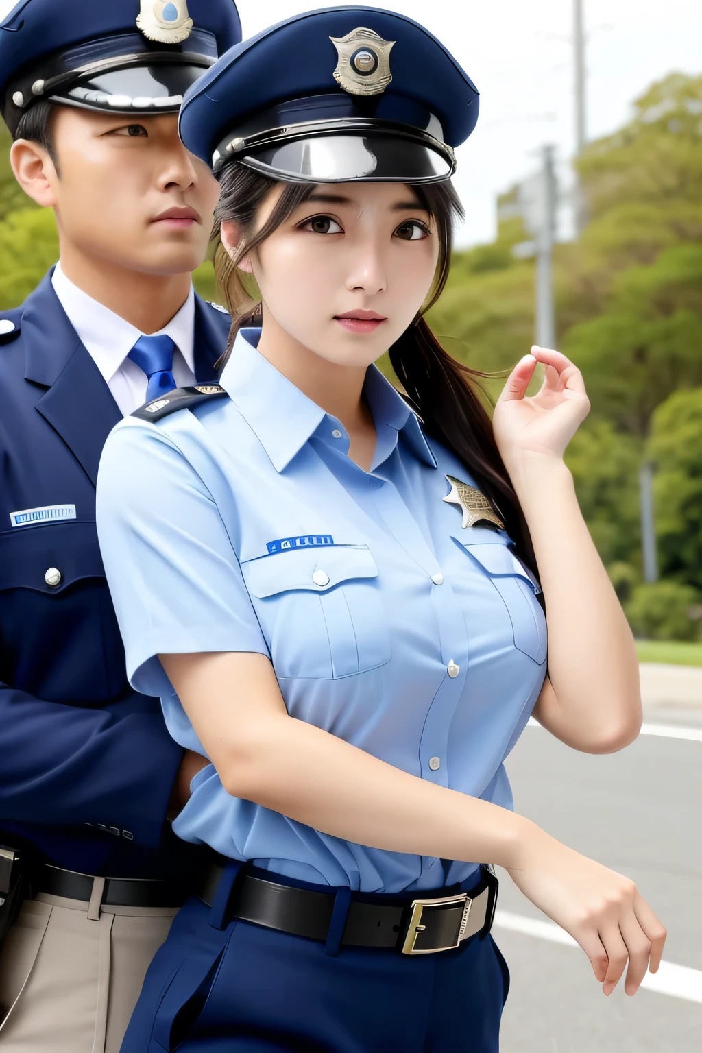 (masterpiece、Best Quality、Ultra-high resolution)、(Perfect Face、Beautiful Face、Beautiful Eyes)、policewoman、Japanese police uniform、sweat、Aiming a gun、gun、Large Breasts、A man grabs a woman&#39;s arm、The woman resists、fight、The man is a robber、Nipples、Side view、Nipples are visible through the gaps in her clothes、The button comes off、Dress shirt、White shirt、The clothes are see-through