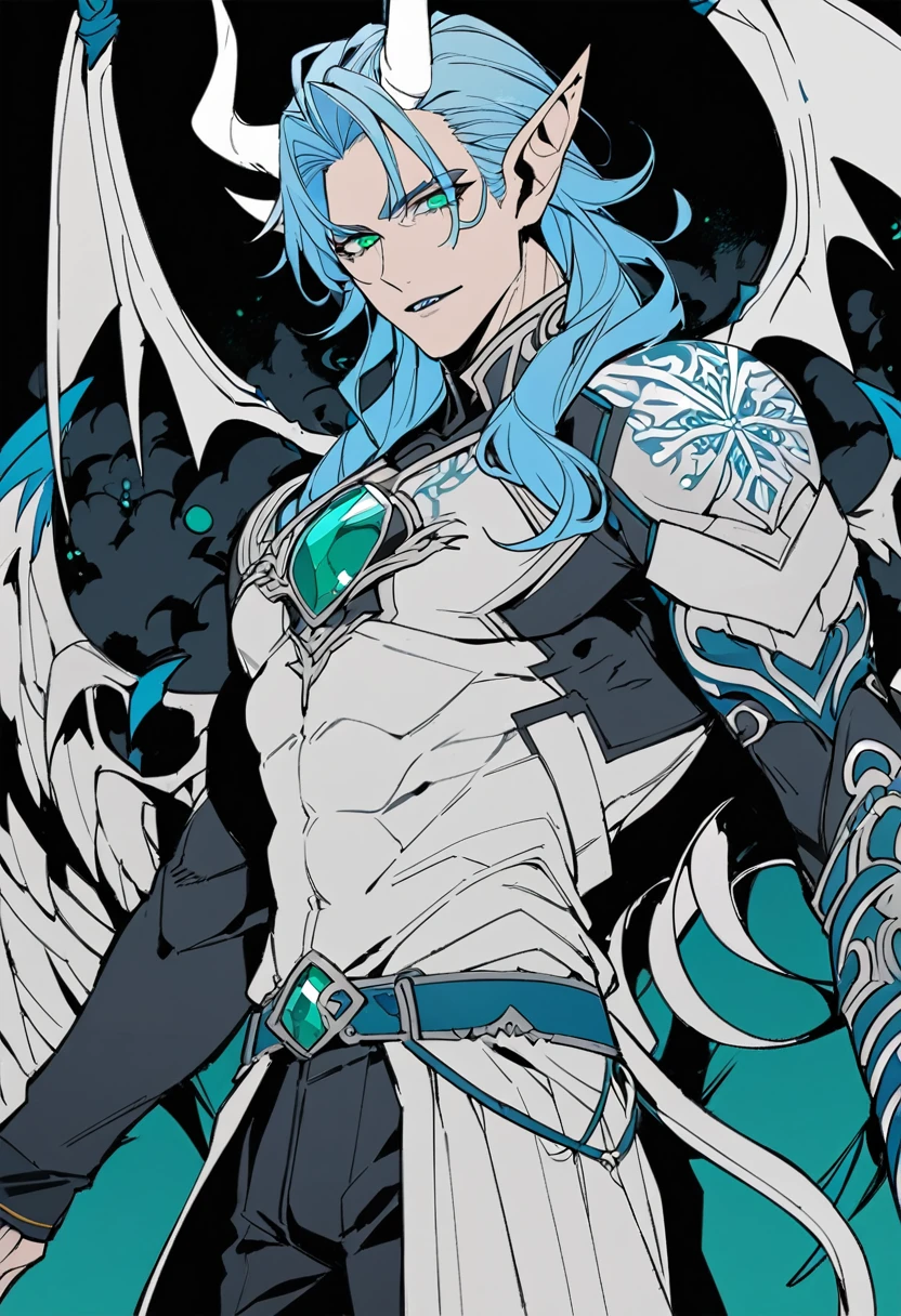 solo, ((art to the waist)), bottom, flat color, dark theme, night, 1 man, (mature man: 1.5), (friendly male face), elf_ear, mole under the eye, pale skin, (( (Long wavy blue hair with blue strands))), detailed eyes, demonic eyes with slits, (((emerald eyes))), (masculine: 1.5), fantasy armor with snowflake pattern, silver jewelry, white demonic wings on the back, demonic tail and white horns, looking at the viewer, adult, male, cowboy shot