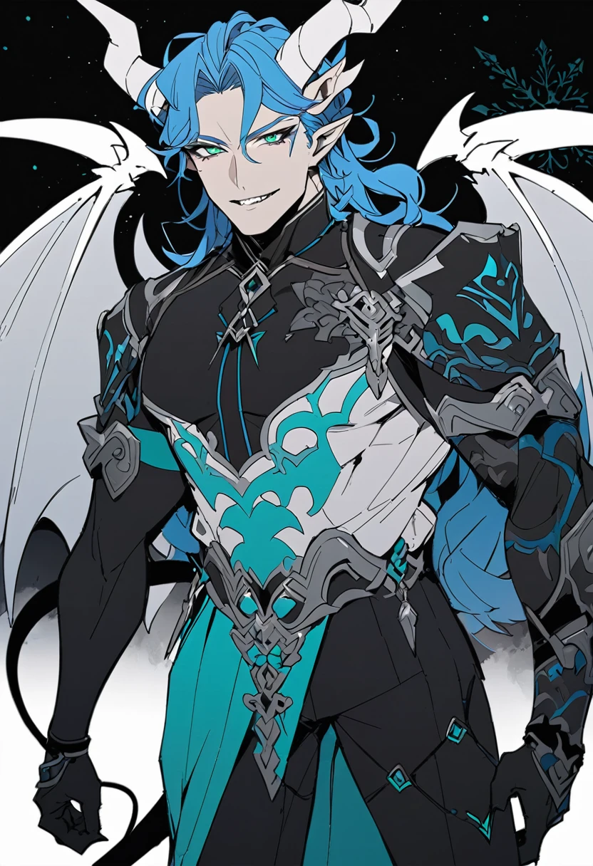 solo, ((art to the waist)), bottom, flat color, dark theme, night, 1 man, (mature man: 1.5), (friendly male face), elf_ear, mole under the eye, pale skin, (( (Long wavy blue hair with blue strands))), detailed eyes, demonic eyes with slits, (((emerald eyes))), (masculine: 1.5), fantasy armor with snowflake pattern, silver jewelry, white demonic wings on the back, demonic tail and white horns, looking at the viewer, adult, male, cowboy shot