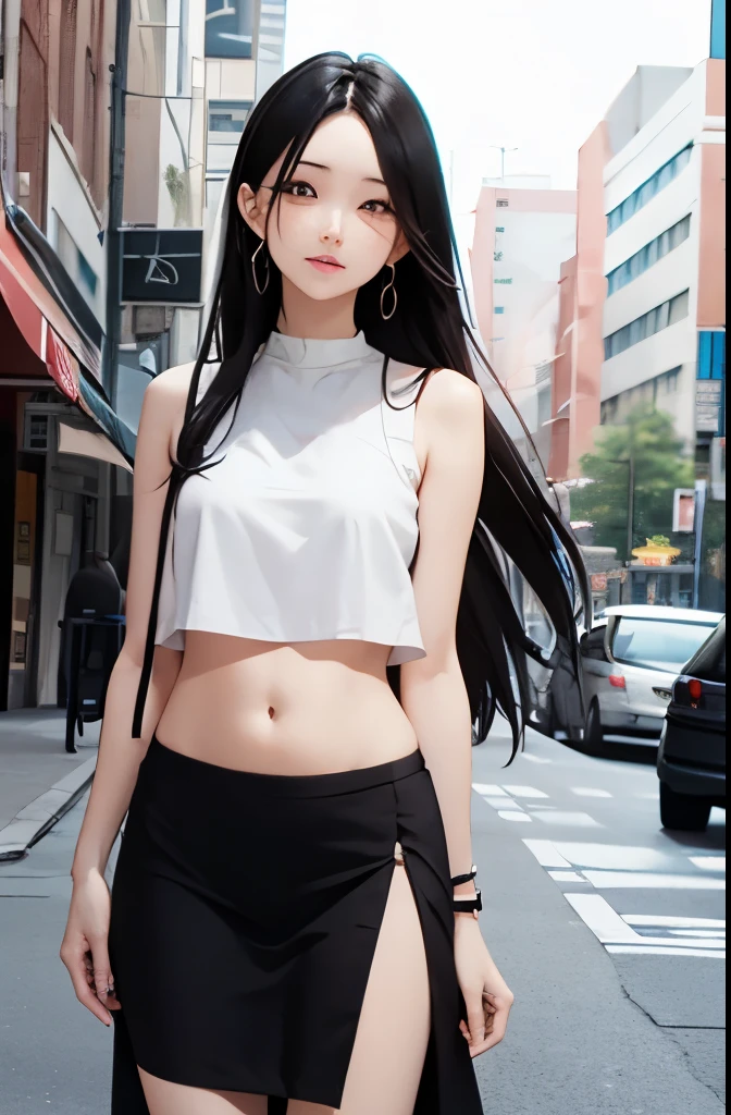(short cute girl,small young student,young delicate girl),(masterpiece,Top quality),Crop Top Look,long black hair