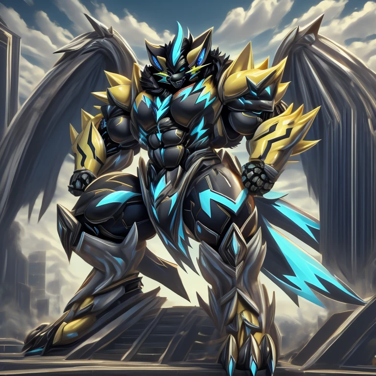 (zeraora, 8K), (zeraora's giant robot, Powered exoskeleton with the same design as zeraora), (Masterpiece, highres) (Detailed head, Detailed Body, Detailed abs, full body) (gigantic muscles, Gigachad Muscular, big muscle, pecs, triceps, traps, unusually developed muscular body, body full of huge muscles. showing off muscles, pectorales enormes, Exaggeratedly huge muscles.) (nj5furry, The claws are sharp, Sharp teeth, sharp claws), (long legs), (Spread wings, It has wings, have big wings, golden wings), (Wrestling, wrestler, the bodybuilding), (It has wings, whole body shines like metal, Wearing cyberpunk mecha, emphasizes the muscles, suit fully made of metal, intricate armor, Robotic suit, suit fully made of metal, cyborg), menacing pose, sitting on the throne, An arrogant expression. destroying city. BULK UP.