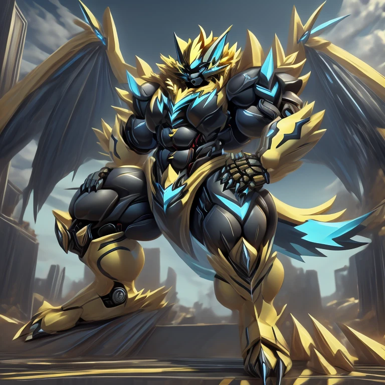 (zeraora, 8K), (zeraora's giant robot, Powered exoskeleton with the same design as zeraora), (Masterpiece, highres) (Detailed head, Detailed Body, Detailed abs, full body) (gigantic muscles, Gigachad Muscular, big muscle, pecs, triceps, traps, unusually developed muscular body, body full of huge muscles. showing off muscles, pectorales enormes, Exaggeratedly huge muscles.) (nj5furry, The claws are sharp, Sharp teeth, sharp claws), (long legs), (Spread wings, It has wings, have big wings, golden wings), (Wrestling, wrestler, the bodybuilding), (It has wings, whole body shines like metal, Wearing cyberpunk mecha, emphasizes the muscles, suit fully made of metal, intricate armor, Robotic suit, suit fully made of metal, cyborg), menacing pose, sitting on the throne, An arrogant expression. destroying city. BULK UP.