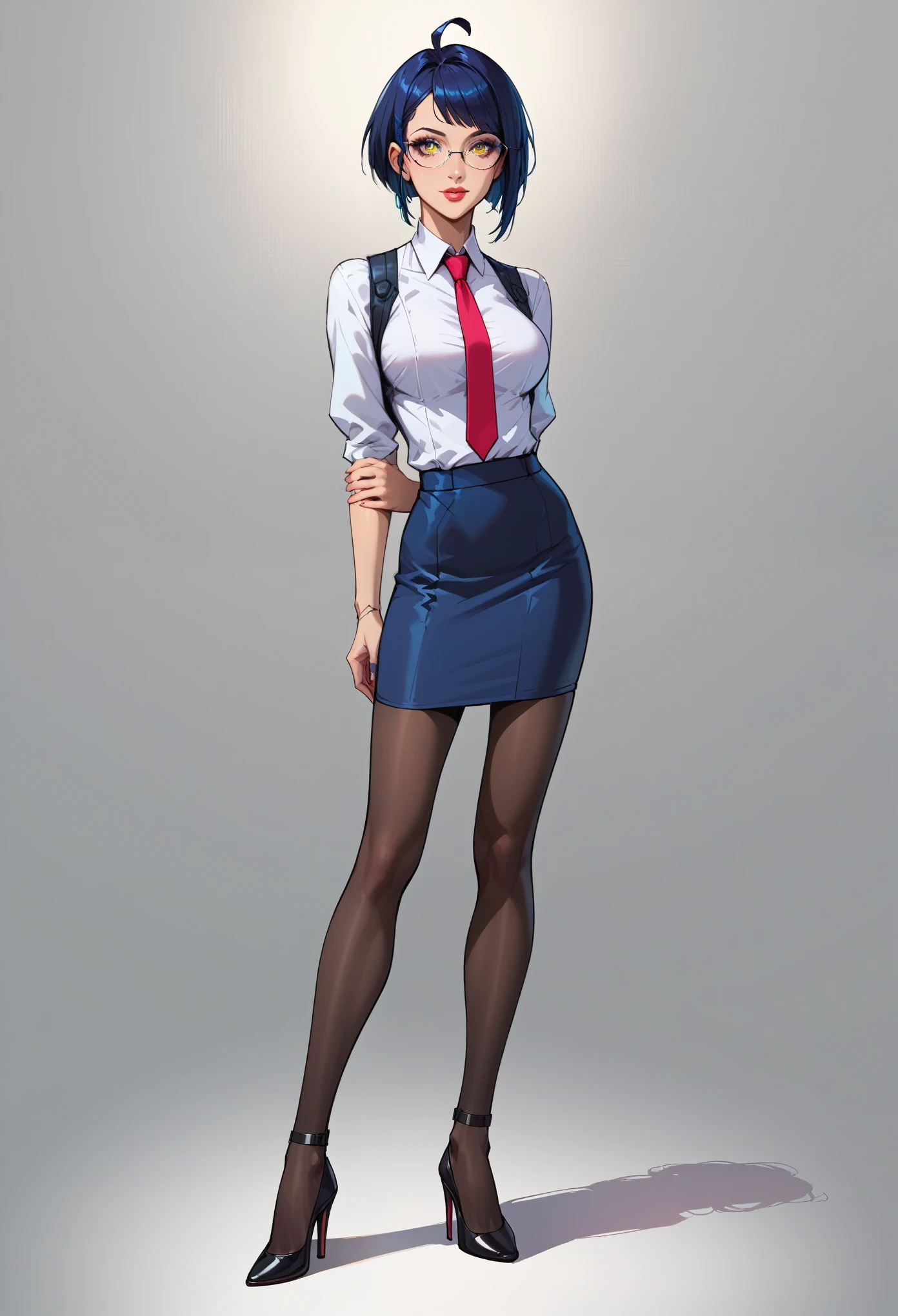 score_9, score_8_up, score_7_up, semi realistic, 8k, full body shot, arms behind back, slim figure, medium bust, high-heels, stiletto heels, dark skirt, seductiv, charming, yellow eyes, dark blue hair, short hair, ahoge, glasses, jill stingray, necktie, pantyhose, skirt, vest, white shirt, cyberpunk styled bar, masterpiece, (SuperQuality:1.2), jpBimboStyleQuiron