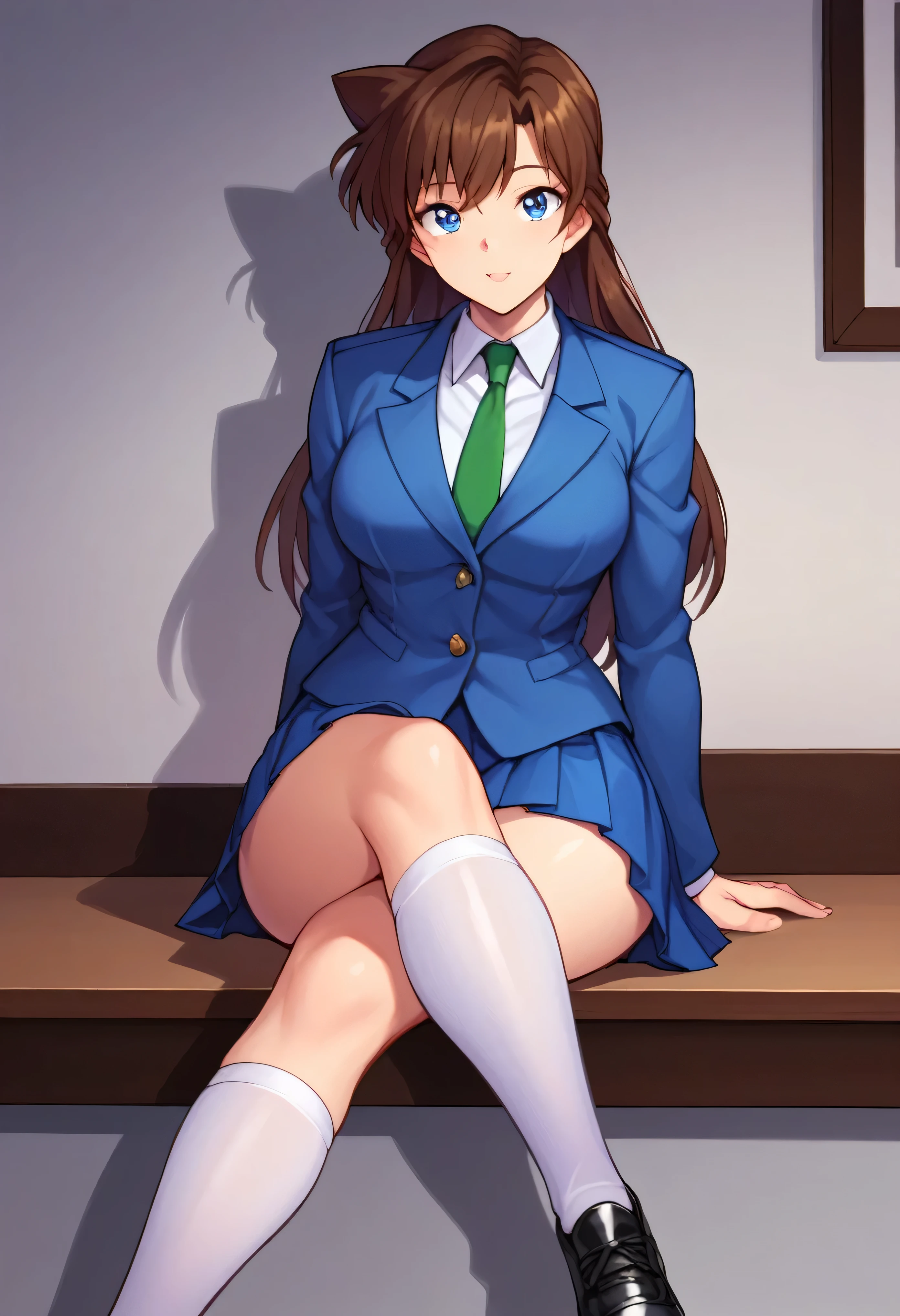 score_9, score_8_up, score_7_up, score_6_up, BREAK, RanMoriDCXL, blue eyes, brown hair, long hair, bangs, medium breasts, blue jacket, closed jacket, shirt, green necktie, blue skirt, pleated skirt, white stockings, black shoes, solo, sitting, indoors, thighs, wide hips