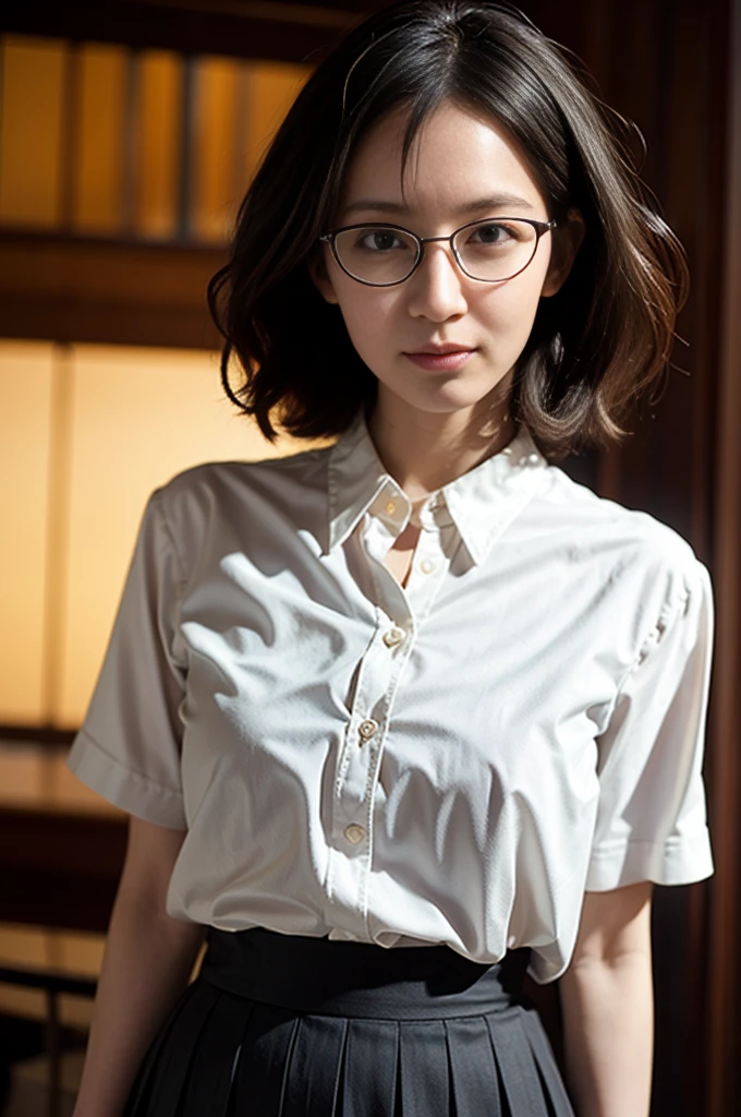 a girl in a summer school uniform lying in the hallway of a wooden schoolhouse, warm early summer sunlight streaming in, beautifully detailed eyes, beautiful detailed lips, extremely detailed eyes and face, long eyelashes, intricate wooden architecture, ornate wooden beams, warm natural lighting, photorealistic, 8k, highres, masterpiece, ultra-detailed, realistic, photo-realistic, HDR, studio lighting, professional, vivid colors, soft focus, warm color tones, golden hour lighting