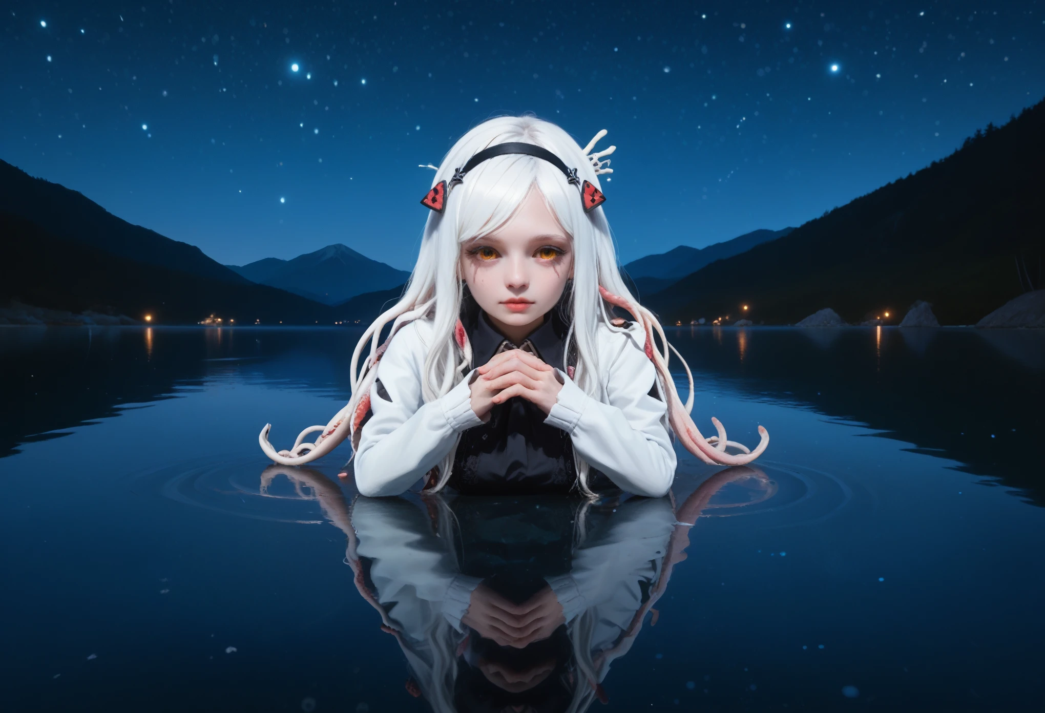 Score_PnyReal,BREAK,1girl, solo, c0smic/h0rr0r, white skin, white hair, albino, 1monster girl, white hair, thighhighs, feet out of frame, long sleeves, multiple eyes coming out of hair, mouth with teeth coming out of hair, a mouth opens in the hair, , water, starry sky, sky, shore, shooting star, reflective water, reflection, night,lake,mountainous horizon,lake,srping season, bloom, pollen,light particles, (dark matter:1.25),black theme, dark background, (zPDXL2:1.5), , 