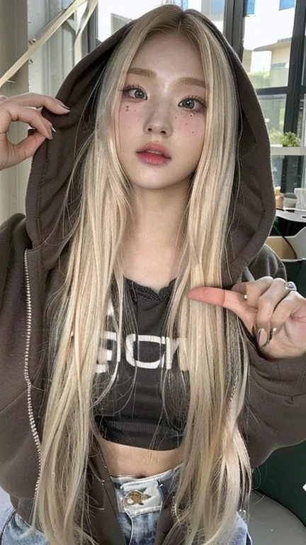 a close up of a person with long blonde hair wearing a hoodie and pink eyes, with long blond hair, with white long hair, extremely pale blond hair, with very long blonde hair, very very pale blond hair, with long white hair, with long hair, ulzzang, cruel korean goth girl, blonde anime girl with long hair, rena nounen style 3/4, 🤤 girl portrait, hyper realistic aesthetic, small freckles, hyper realistic teenager, barbie doll, freckles!!!, detailed face, realistic, Físico : el abdomen más pequeño jamás visto, jisoo from blackpink, popular south korean makeup, quality detailed ,(beautiful makeup :1.2), Wide hips, big, big ass, (best quality, 8K, masterpiece: 1.3), Clear focus: 1.2, Perfect body beauty: 1.4, strong abs, Very detailed face and skin texture. , detailed eyes, double eyelids, (long hair), having very marked curves, with greater volume in ((hips and breasts)), which makes the waist look much smaller ((wasp waist)) 